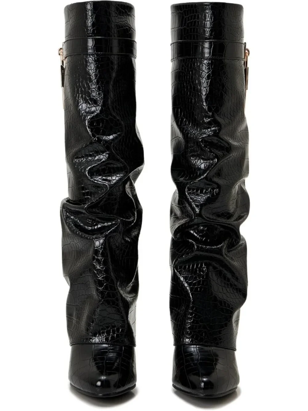 Women's Black Pointy Pull-on Side Zipper Padlock Fold Over Knee High Boots